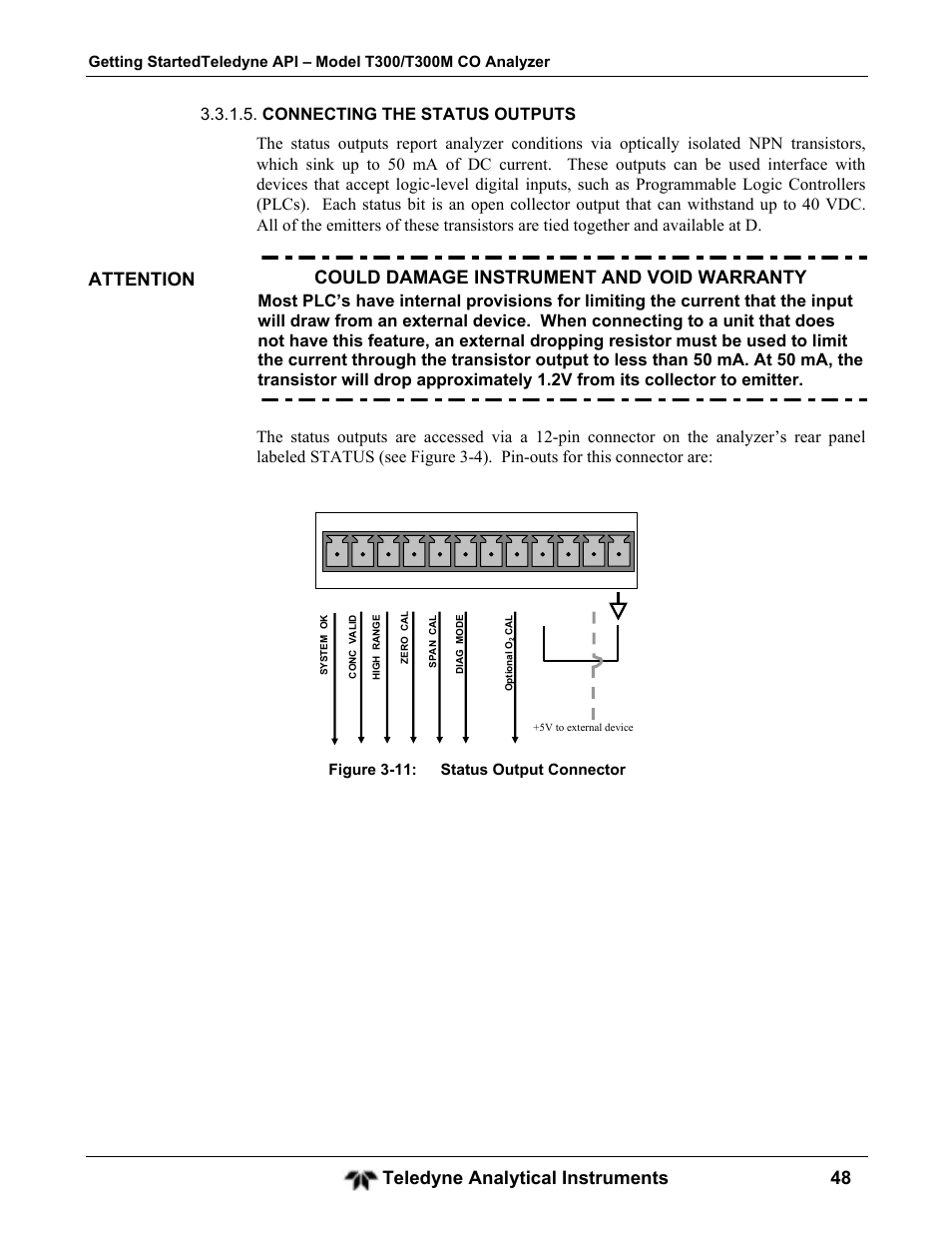 Teledyne analytical instruments 48, Figure 3-11: status output connector | Teledyne GFC-7001T - Trace CO Analyzer User Manual | Page 48 / 326