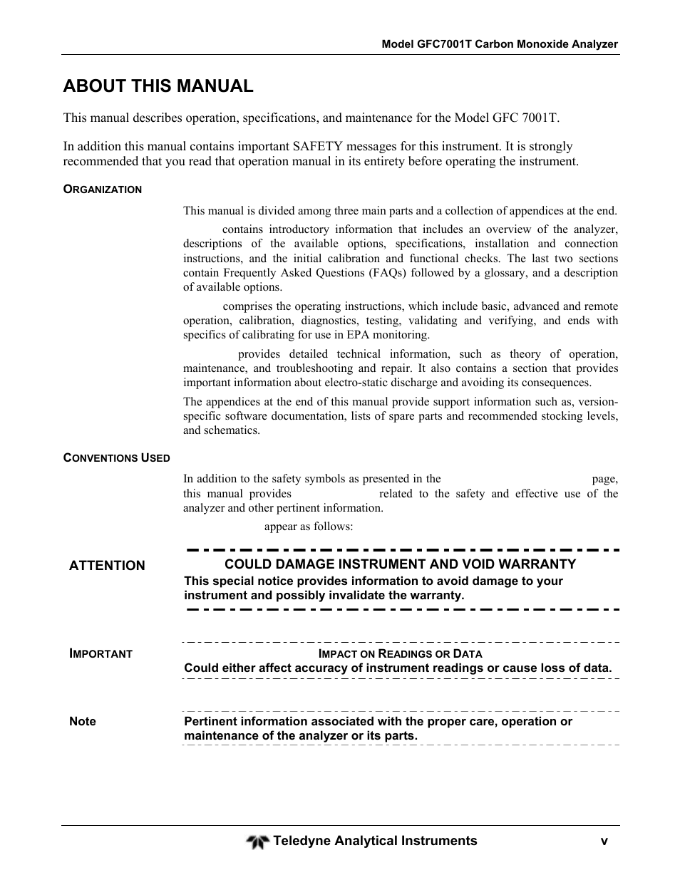 About this manual | Teledyne GFC-7001T - Trace CO Analyzer User Manual | Page 5 / 326