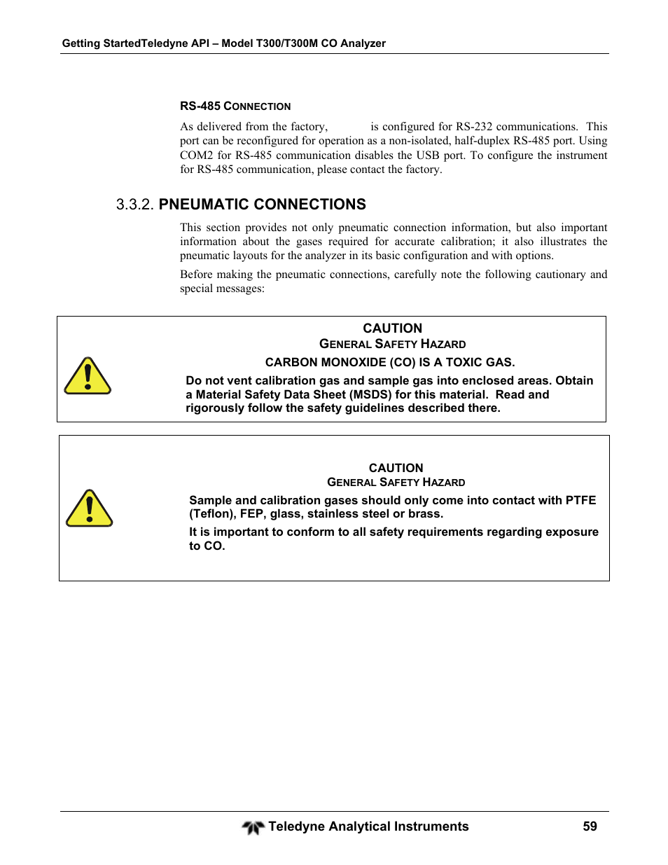 Pneumatic connections | Teledyne GFC-7001T - Trace CO Analyzer User Manual | Page 59 / 326