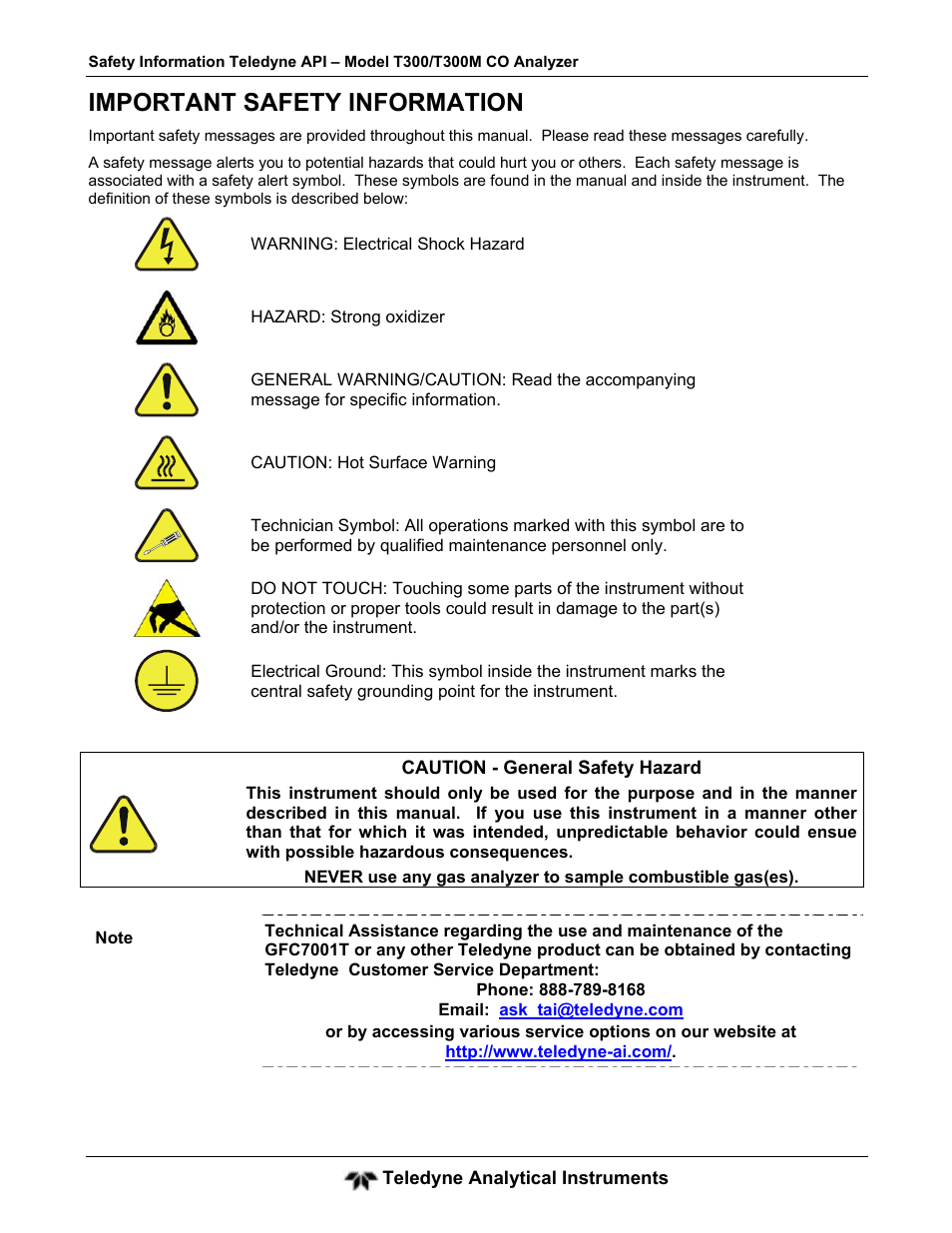 Important safety information | Teledyne GFC-7001T - Trace CO Analyzer User Manual | Page 7 / 326