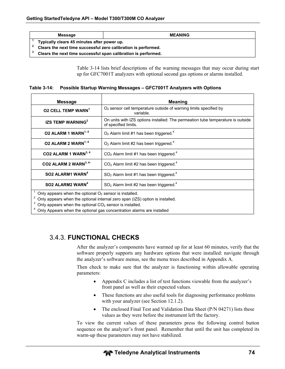 Functional checks, Teledyne analytical instruments 74 | Teledyne GFC-7001T - Trace CO Analyzer User Manual | Page 74 / 326