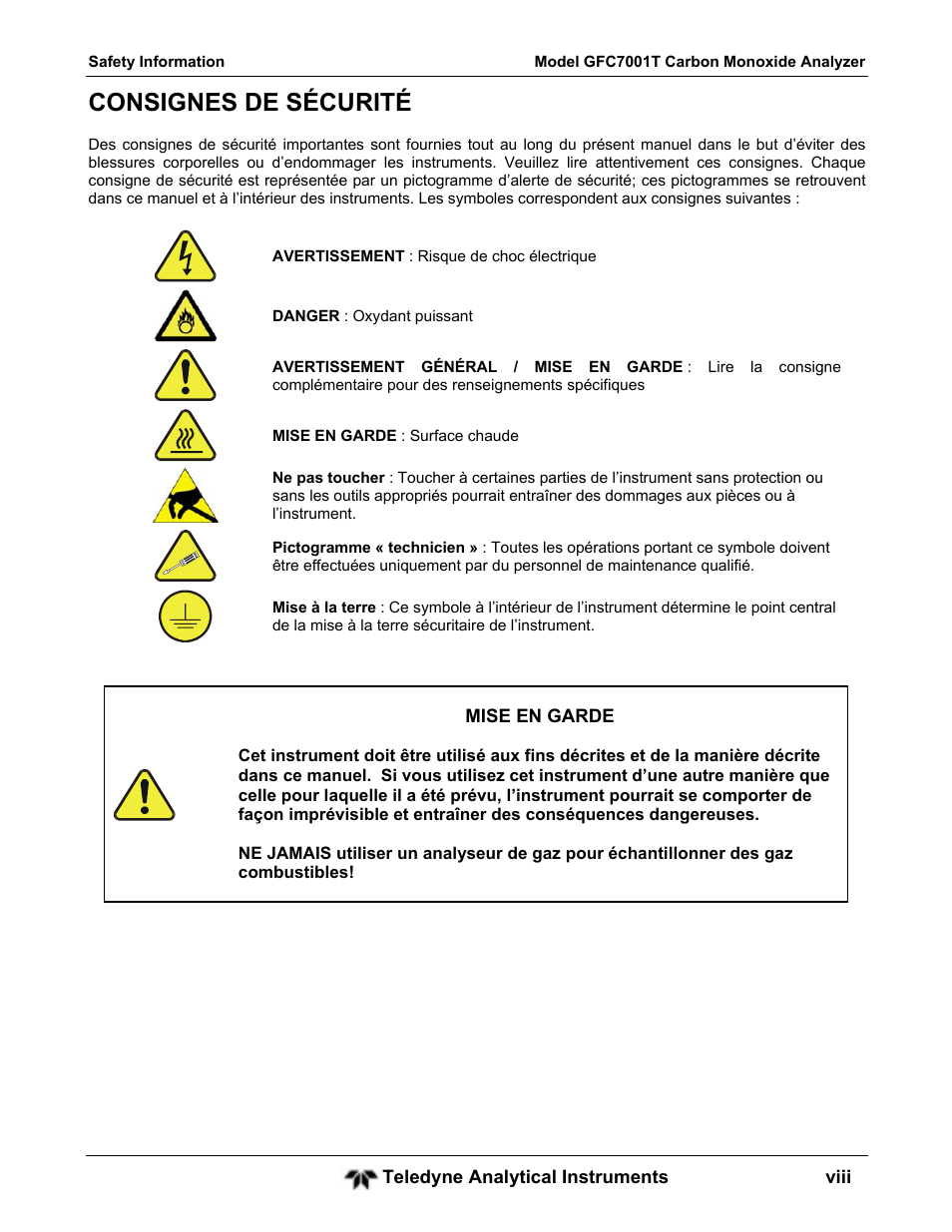 Consignes de sécurité | Teledyne GFC-7001T - Trace CO Analyzer User Manual | Page 8 / 326