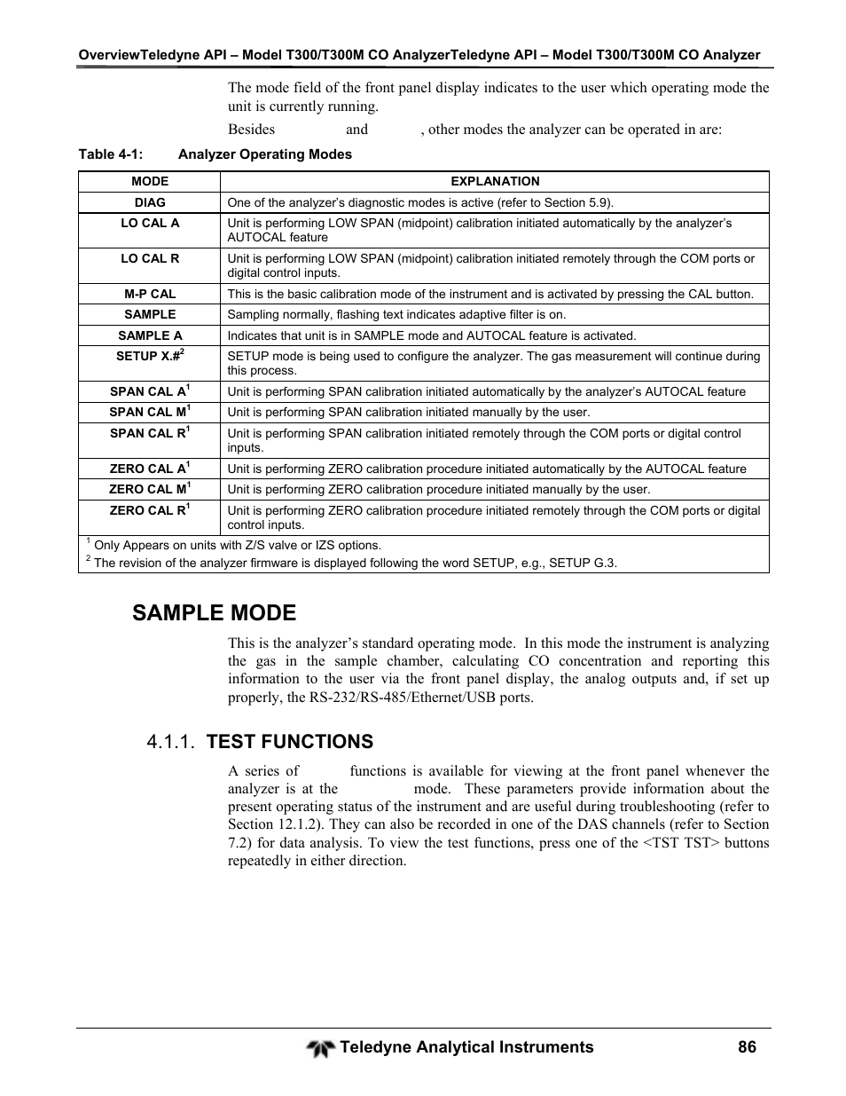 Sample mode, Test functions, Teledyne analytical instruments 86 | Teledyne GFC-7001T - Trace CO Analyzer User Manual | Page 86 / 326