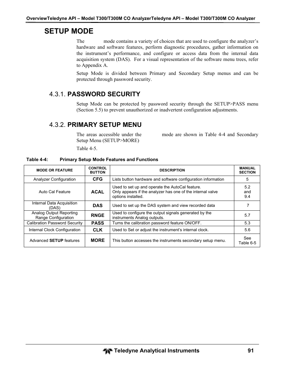 Setup mode, Password security, Primary setup menu | Teledyne GFC-7001T - Trace CO Analyzer User Manual | Page 91 / 326