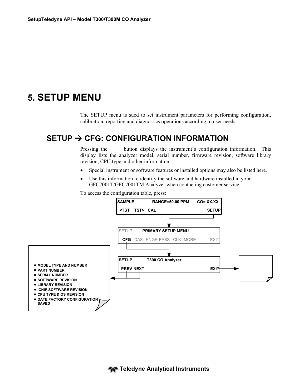 Setup menu, Setup  cfg: configuration information | Teledyne GFC-7001T - Trace CO Analyzer User Manual | Page 93 / 326