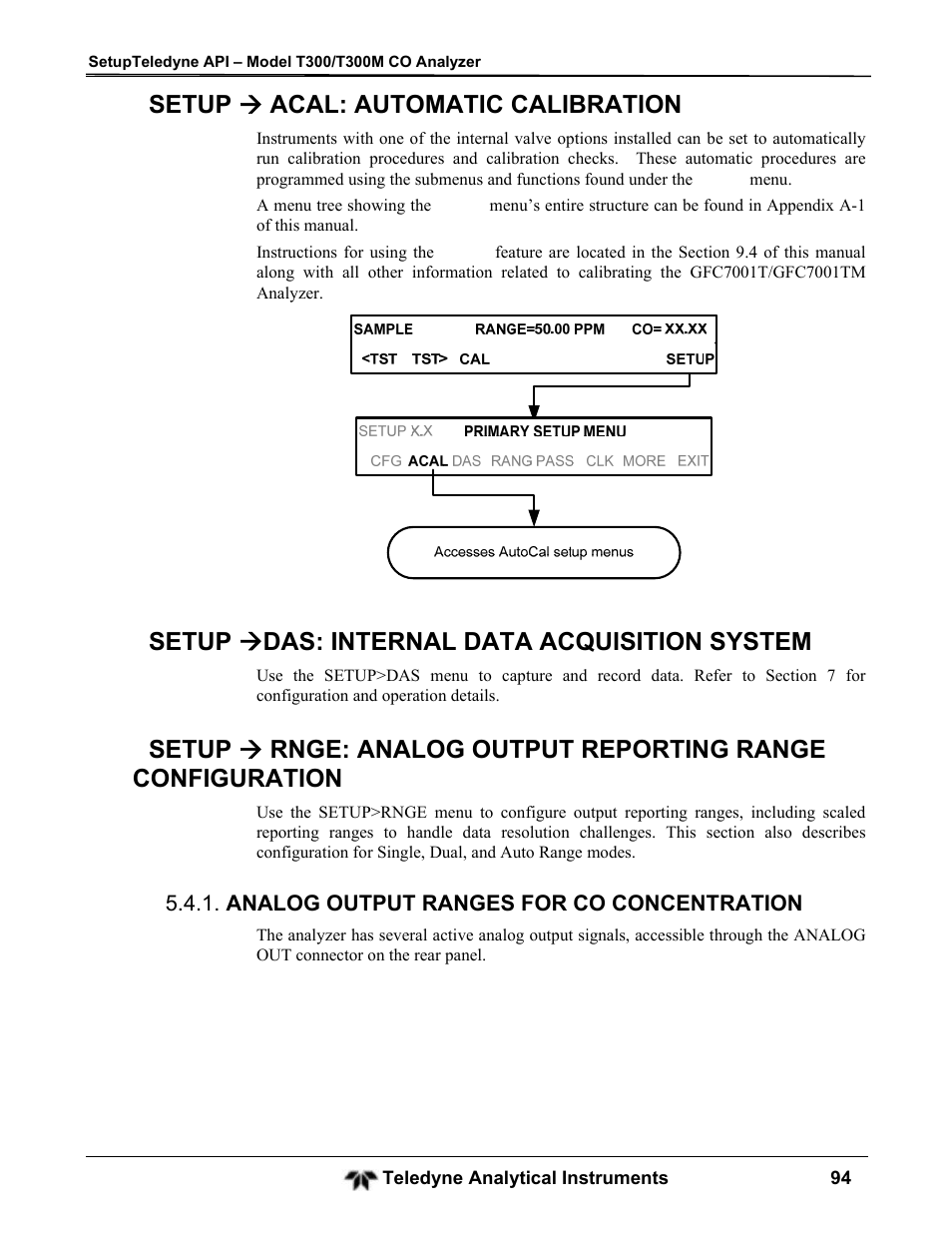 Setup  acal: automatic calibration, Setup  das: internal data acquisition system | Teledyne GFC-7001T - Trace CO Analyzer User Manual | Page 94 / 326