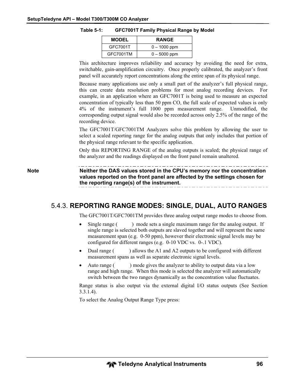 Reporting range, Modes: single, dual, auto ranges | Teledyne GFC-7001T - Trace CO Analyzer User Manual | Page 96 / 326