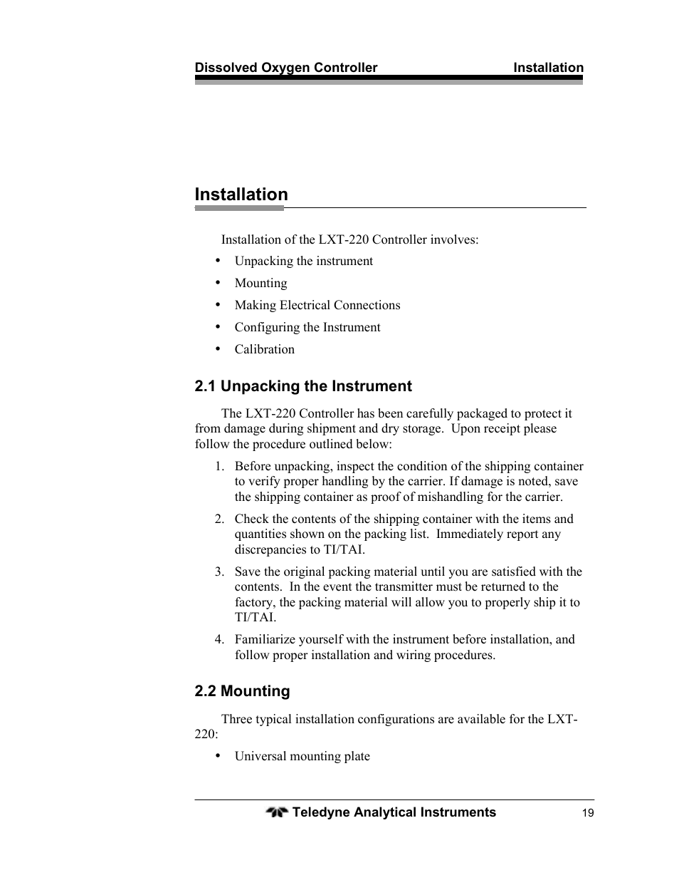 Installation | Teledyne LXT-220 User Manual | Page 19 / 61