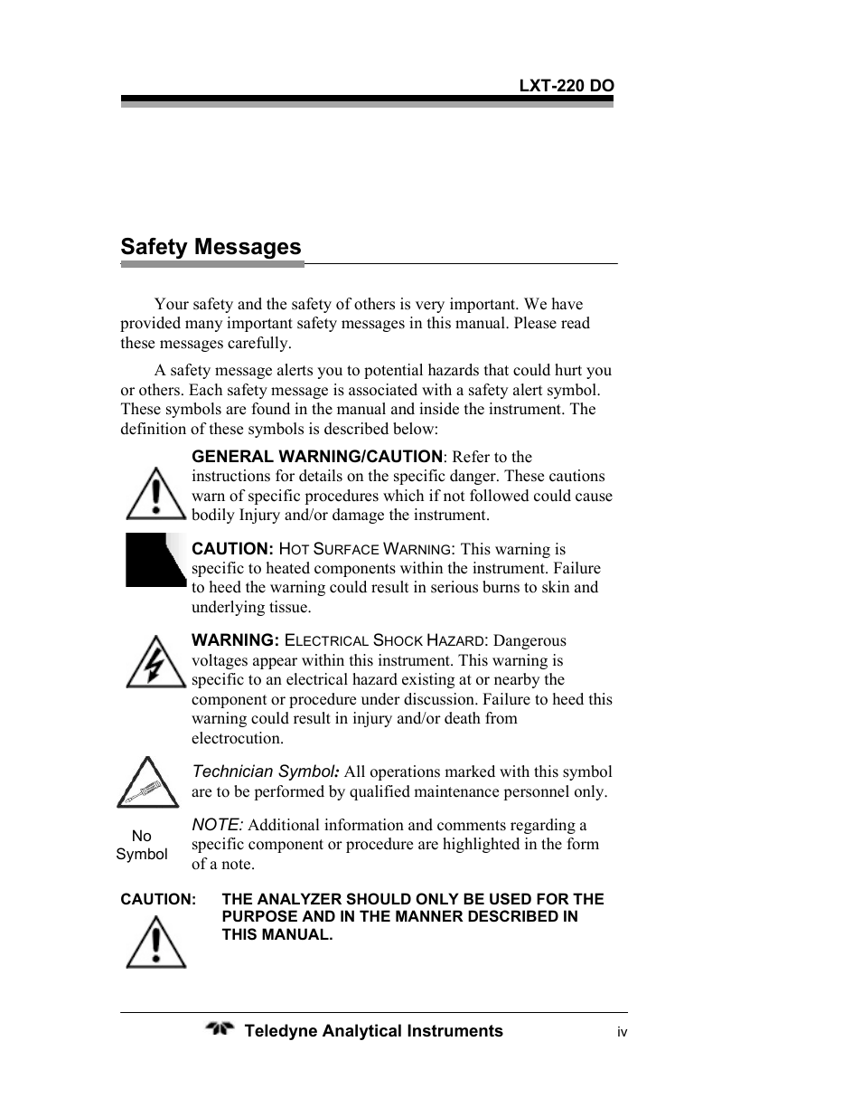 Safety messages | Teledyne LXT-220 User Manual | Page 4 / 61