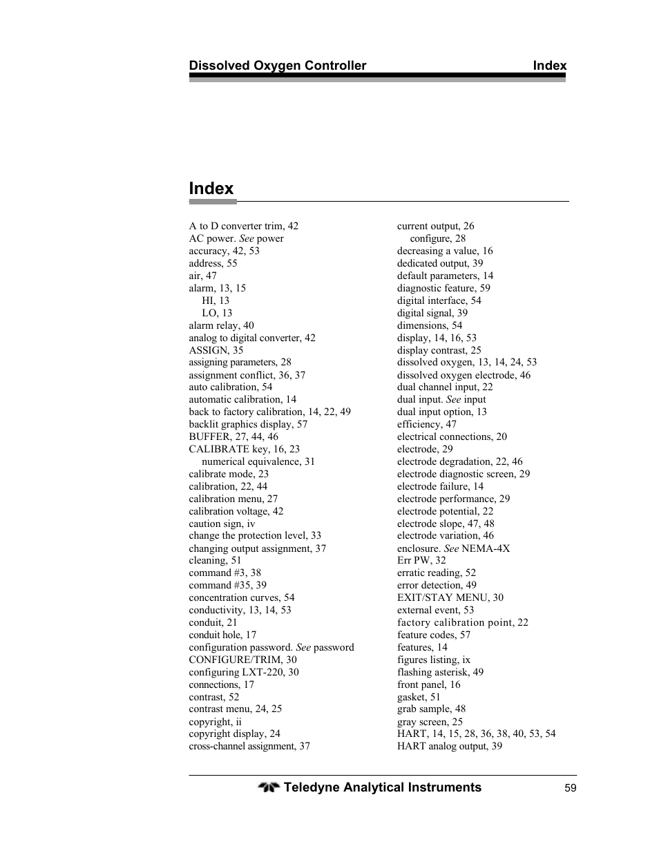 Index | Teledyne LXT-220 User Manual | Page 59 / 61