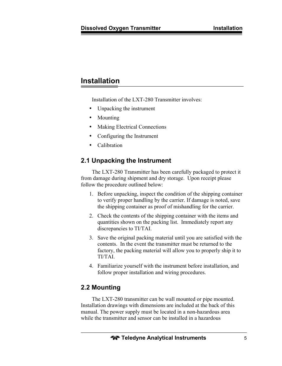 Installation | Teledyne LXT-280 User Manual | Page 15 / 57