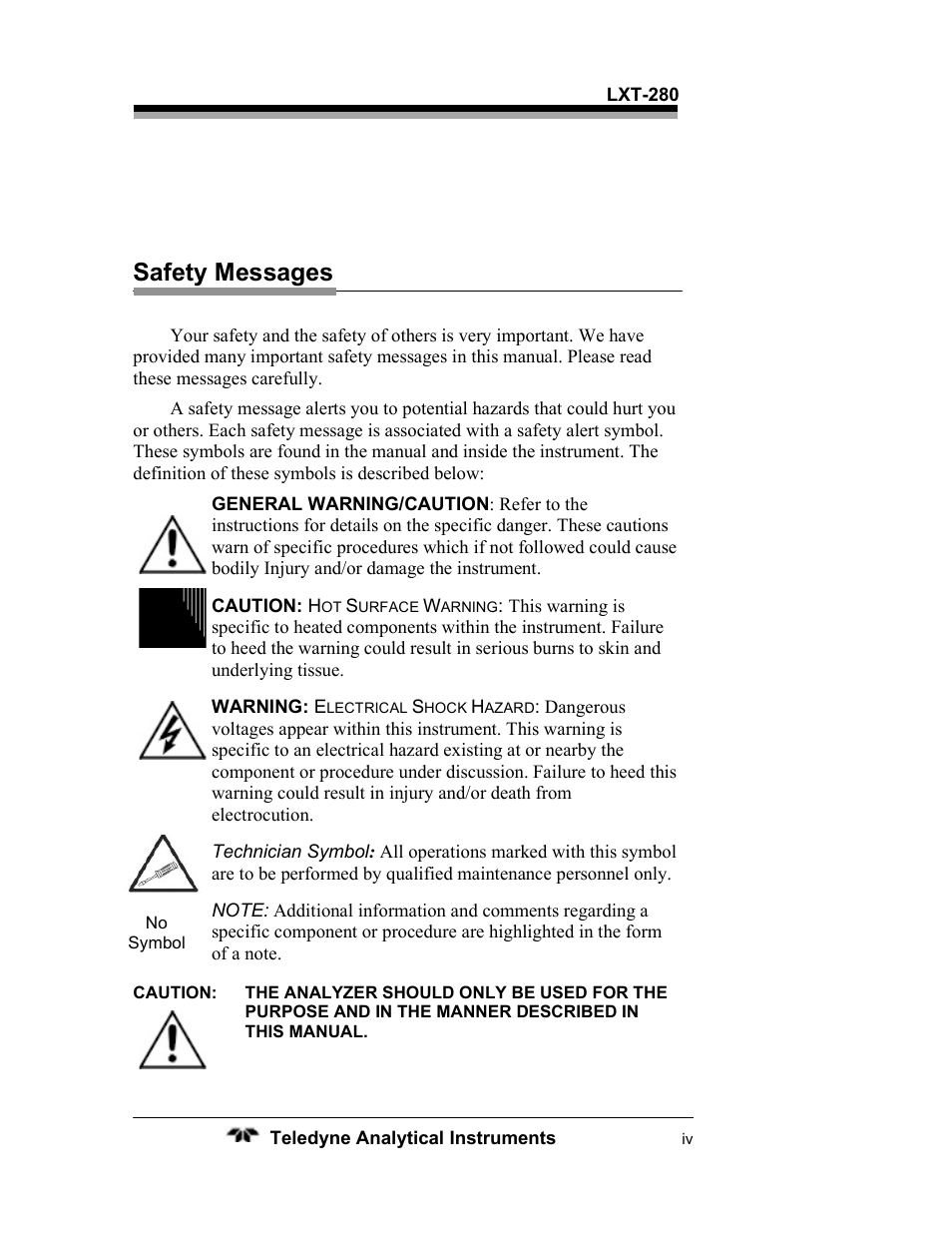 Safety messages | Teledyne LXT-280 User Manual | Page 4 / 57