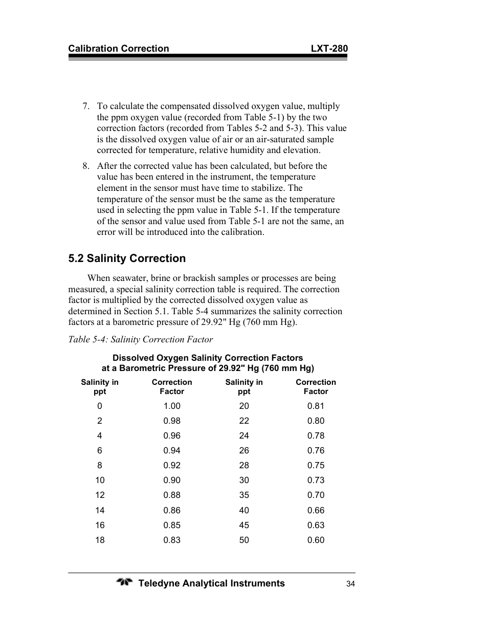 2 salinity correction | Teledyne LXT-280 User Manual | Page 44 / 57