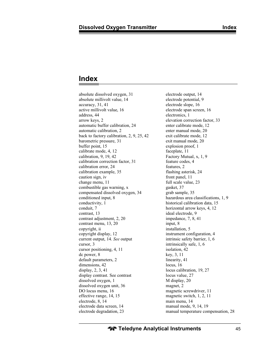 Index | Teledyne LXT-280 User Manual | Page 55 / 57