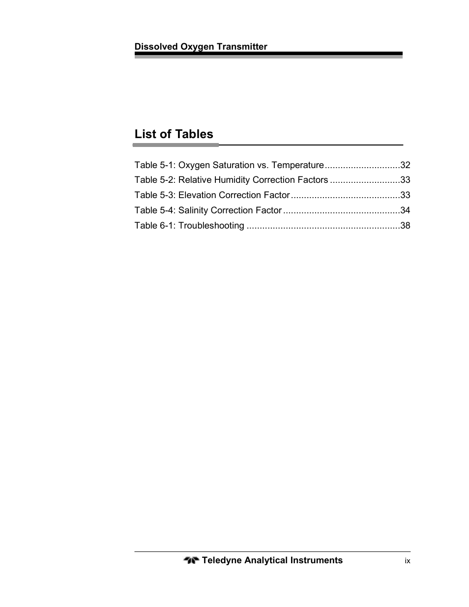 List of tables | Teledyne LXT-280 User Manual | Page 9 / 57