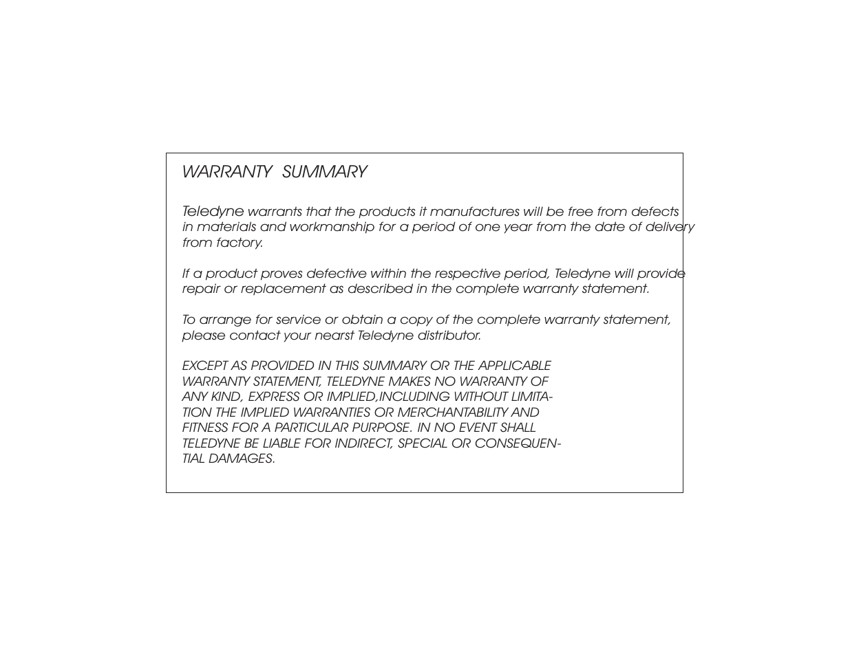 Warranty summary | Teledyne PEM-9002 - Digital flue gas analyzer User Manual | Page 4 / 49