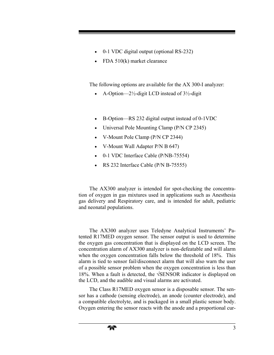 2 options, 3 applications, 4 operation summary | Teledyne AX300 - Medical application oxygen analyzer User Manual | Page 11 / 38