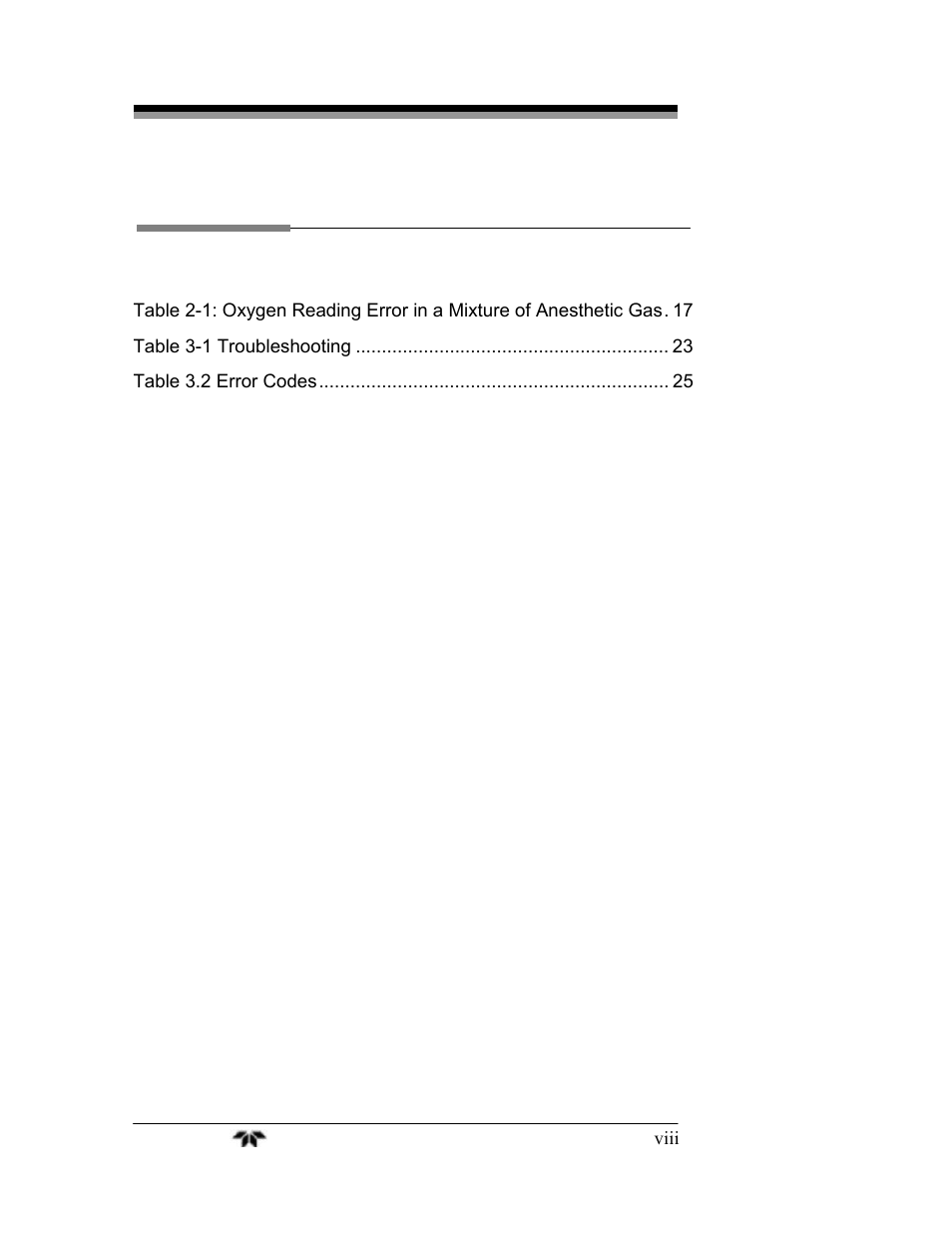 List of tables | Teledyne AX300 - Medical application oxygen analyzer User Manual | Page 8 / 38