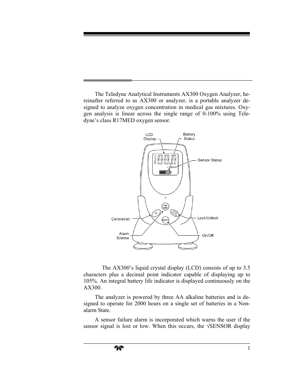 Introduction | Teledyne AX300 - Medical application oxygen analyzer User Manual | Page 9 / 38