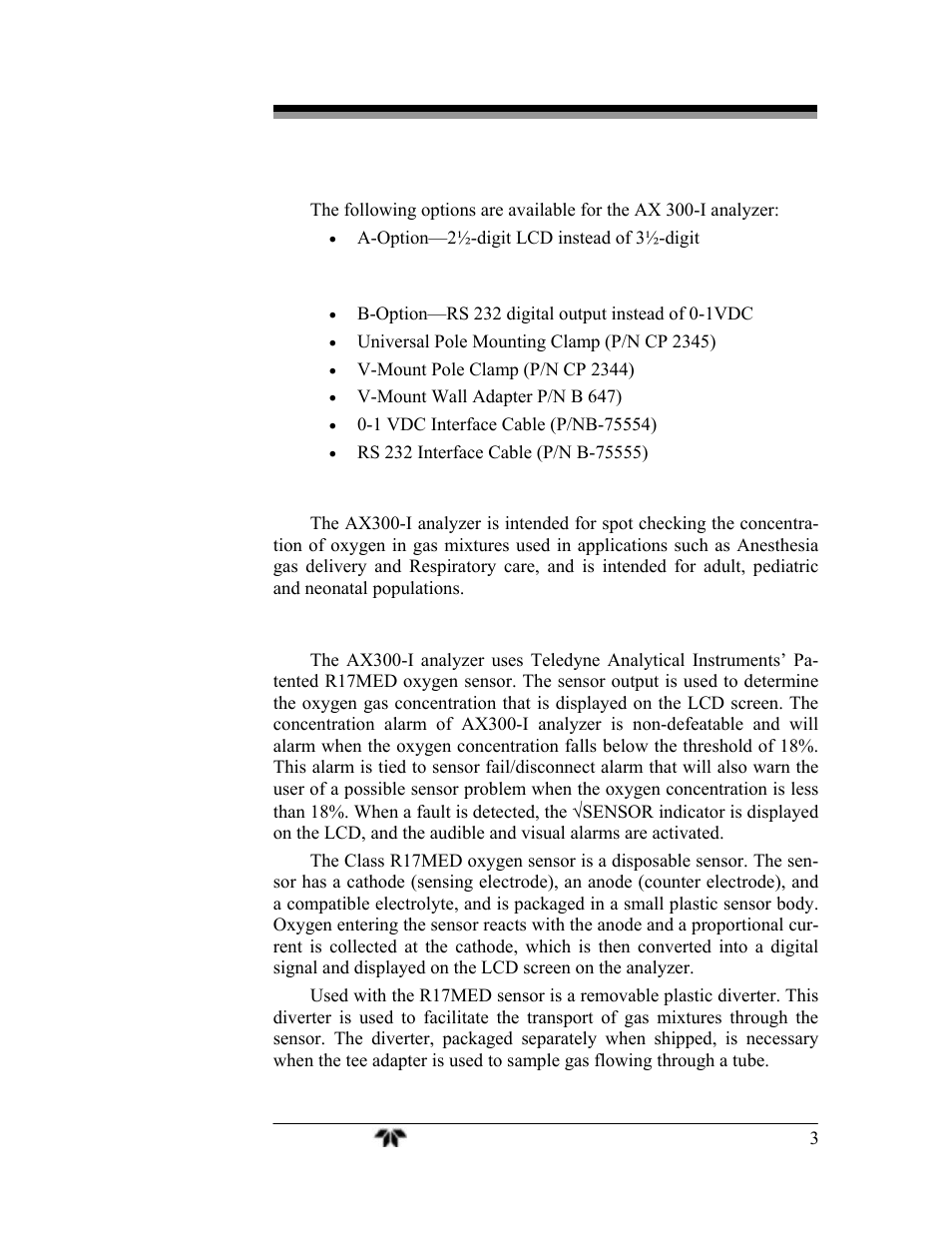 2 options, 3 applications, 4 operation summary | Teledyne AX300-I - Medical application oxygen analyzer User Manual | Page 11 / 35