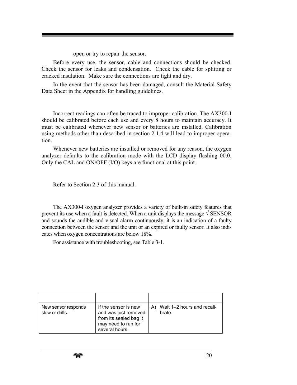 5 calibration, 6 factors affecting sampling accuracy, 7 troubleshooting | Teledyne AX300-I - Medical application oxygen analyzer User Manual | Page 28 / 35