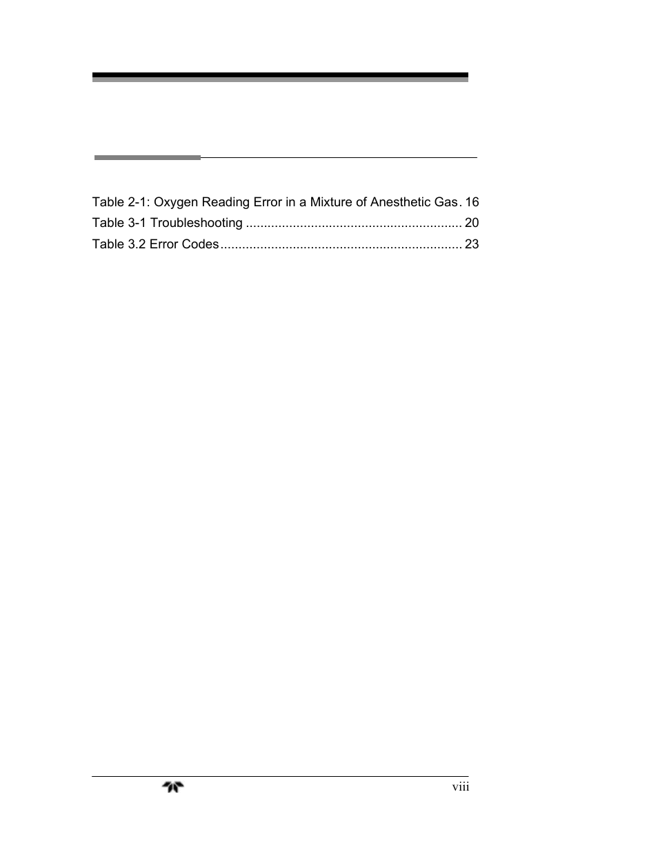List of tables | Teledyne AX300-I - Medical application oxygen analyzer User Manual | Page 8 / 35