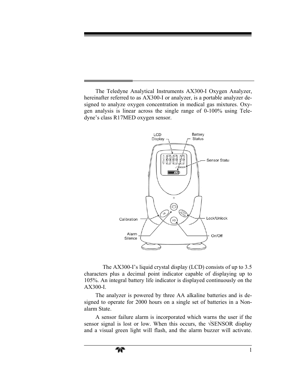 Introduction | Teledyne AX300-I - Medical application oxygen analyzer User Manual | Page 9 / 35