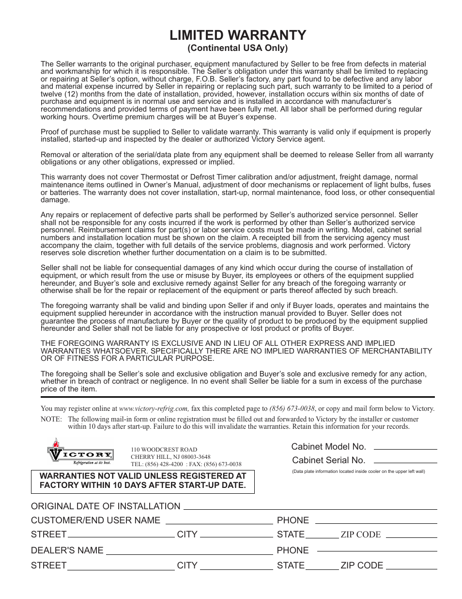 Limited warranty | Victory RS-2N-S7-FF (Manufactured after4-19-10) User Manual | Page 3 / 19