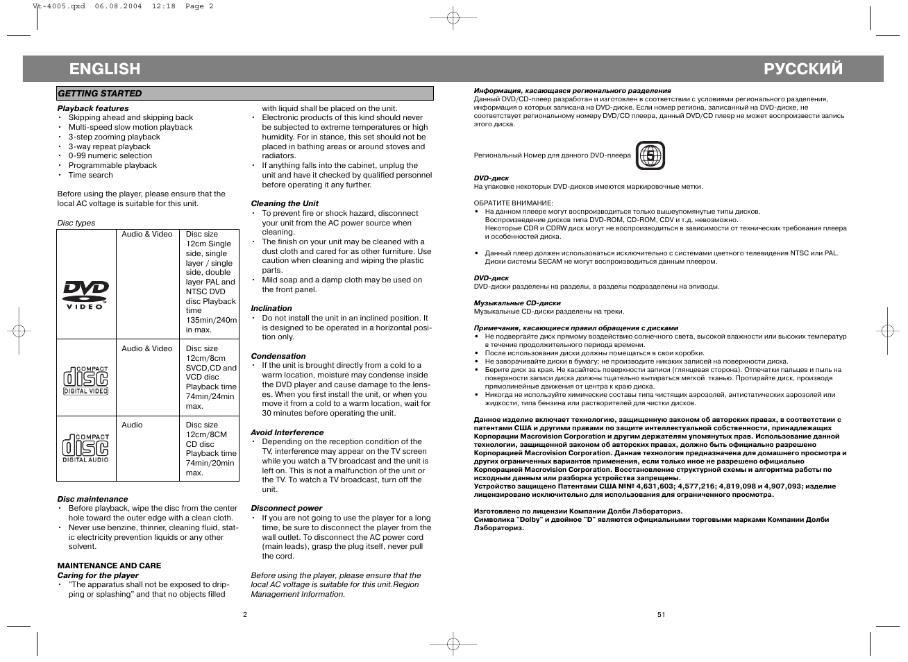 Русский, English | Vitek VT-4005 User Manual | Page 2 / 26