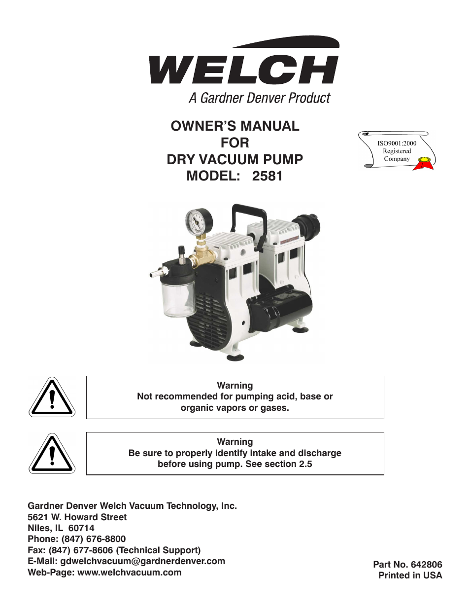 Welch Vacuum 2581B-50 WOB-L Pinston Pump User Manual | 16 pages