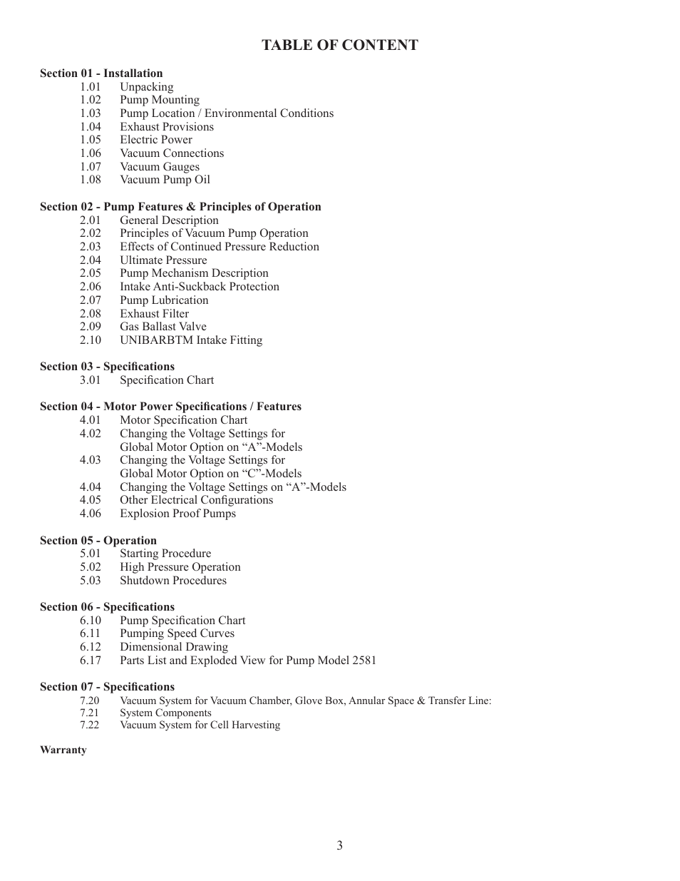 Table of content | Welch Vacuum 2581B-50 WOB-L Pinston Pump User Manual | Page 3 / 16