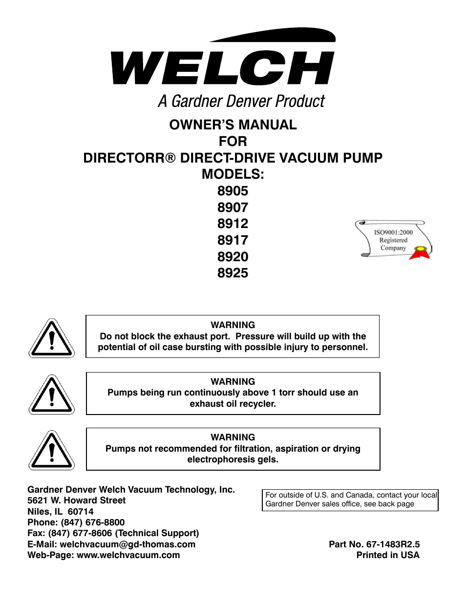 Welch Vacuum 8925 Direct Drive Rotary Vane Pump User Manual | 46 pages