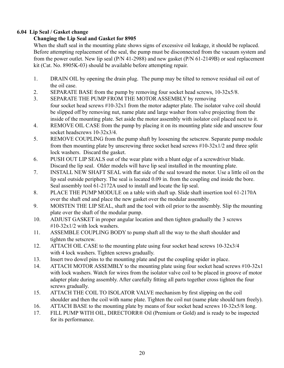 Welch Vacuum 8925 Direct Drive Rotary Vane Pump User Manual | Page 20 / 46