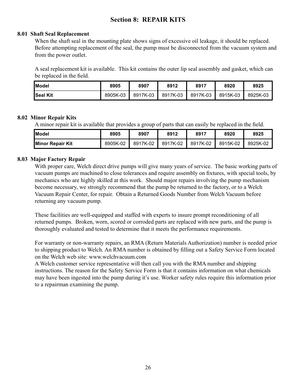 Welch Vacuum 8925 Direct Drive Rotary Vane Pump User Manual | Page 26 / 46