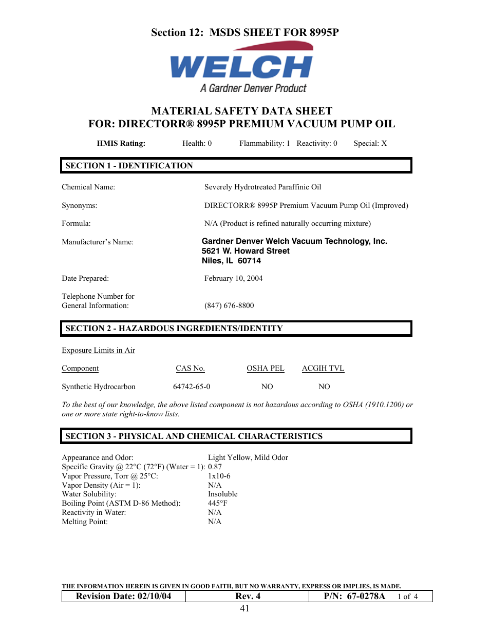 Welch Vacuum 8925 Direct Drive Rotary Vane Pump User Manual | Page 41 / 46