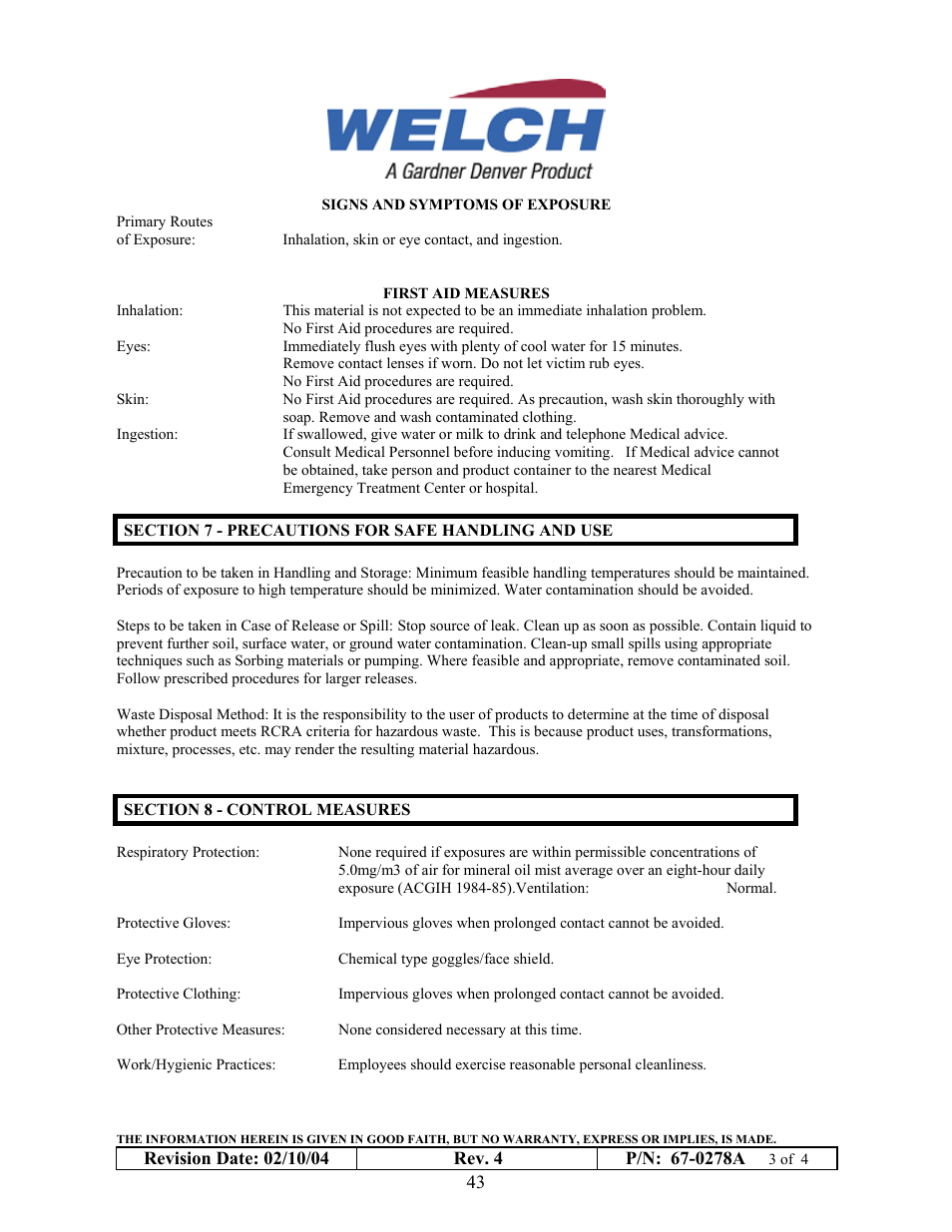 Welch Vacuum 8925 Direct Drive Rotary Vane Pump User Manual | Page 43 / 46