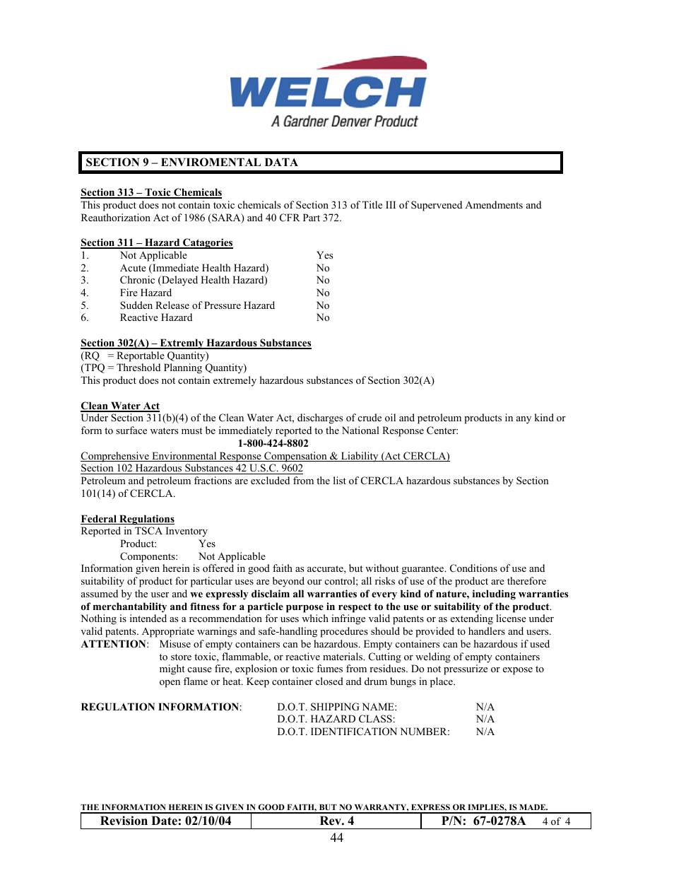 Welch Vacuum 8925 Direct Drive Rotary Vane Pump User Manual | Page 44 / 46