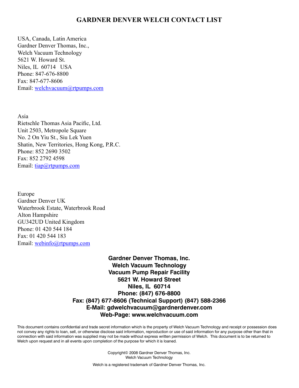 Gardner denver welch contact list | Welch Vacuum 8925 Direct Drive Rotary Vane Pump User Manual | Page 46 / 46