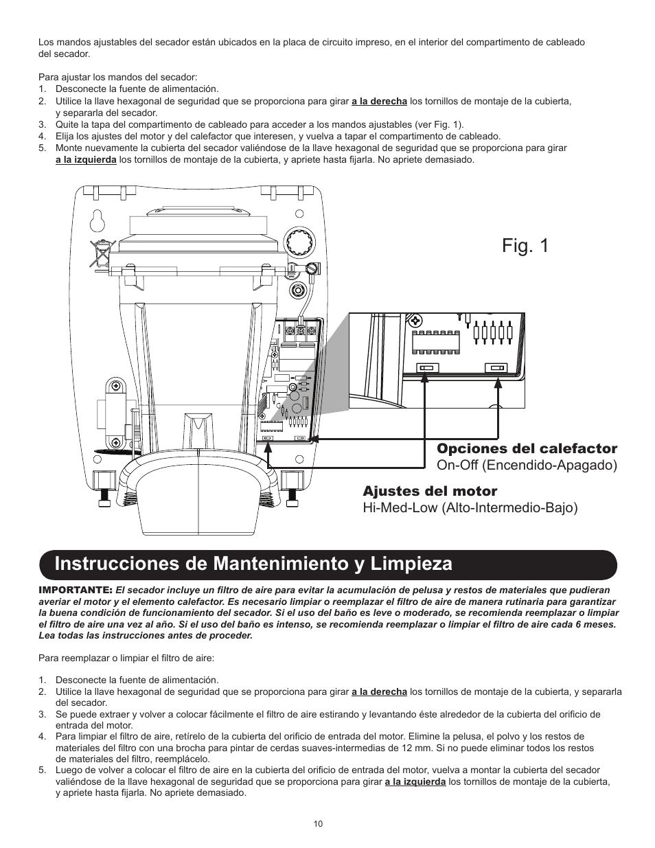 Fig. 1 instrucciones de mantenimiento y limpieza | World Dryer SMARTdri Series K and K4 User Manual | Page 10 / 16