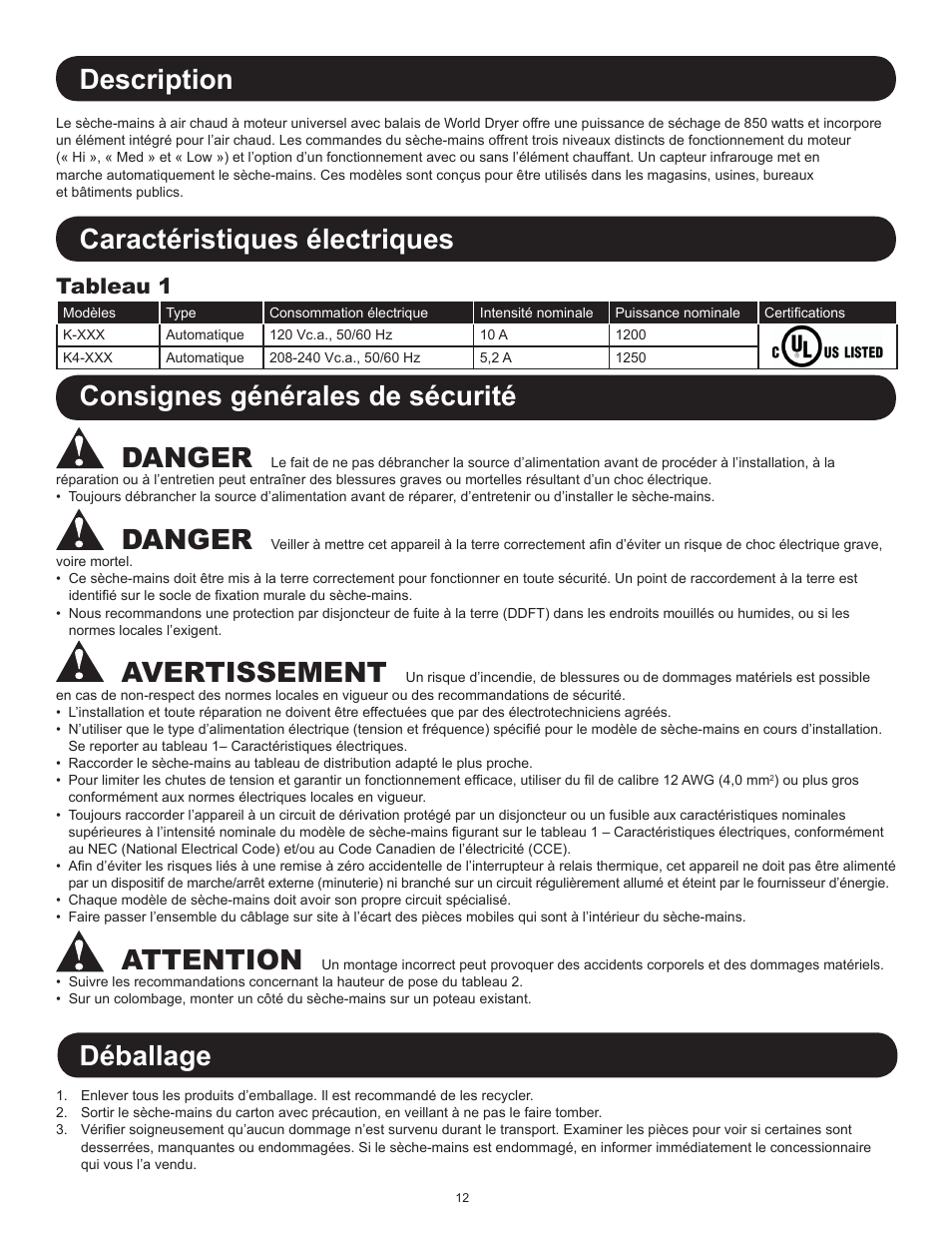 Description, Caractéristiques électriques, Consignes générales de sécurité danger | Danger, Avertissement, Attention, Déballage, Tableau 1 | World Dryer SMARTdri Series K and K4 User Manual | Page 12 / 16