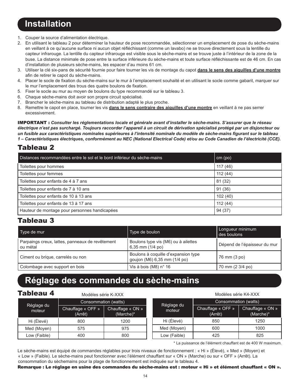 Installation, Réglage des commandes du sèche-mains, Tableau 2 tableau 3 | Tableau 4 | World Dryer SMARTdri Series K and K4 User Manual | Page 14 / 16