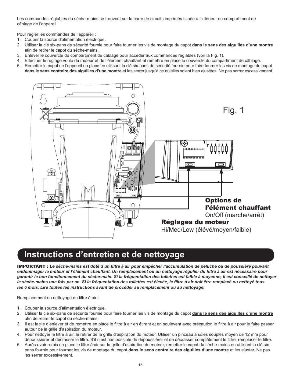Fig. 1, Instructions d’entretien et de nettoyage | World Dryer SMARTdri Series K and K4 User Manual | Page 15 / 16