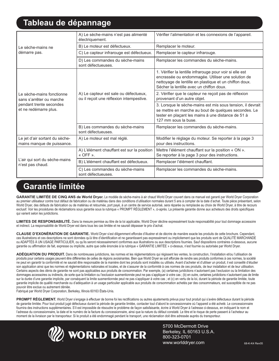 Garantie limitée, Tableau de dépannage | World Dryer SMARTdri Series K and K4 User Manual | Page 16 / 16