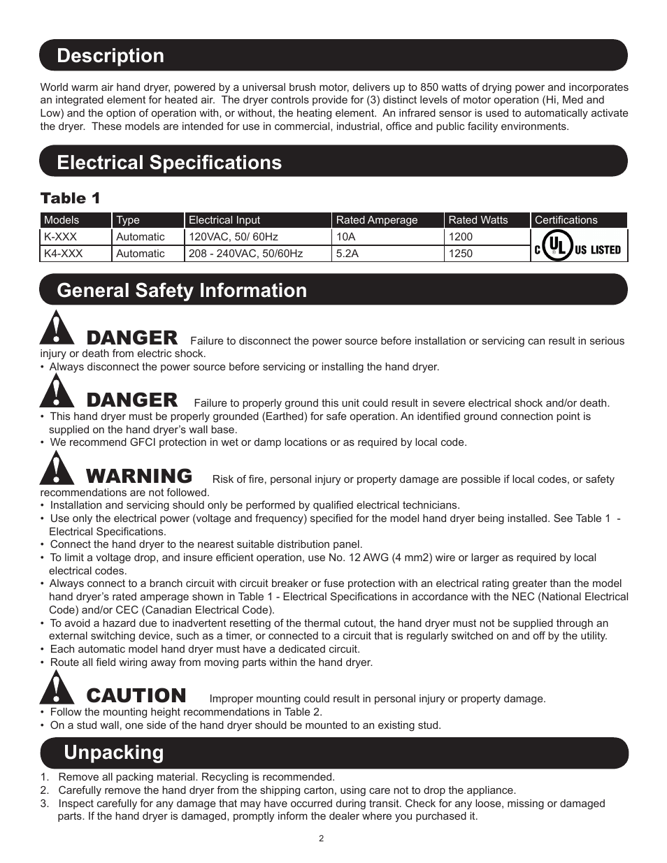Unpacking, Description, Electrical specifications | General safety information danger, Danger, Warning, Caution, Table 1 | World Dryer SMARTdri Series K and K4 User Manual | Page 2 / 16