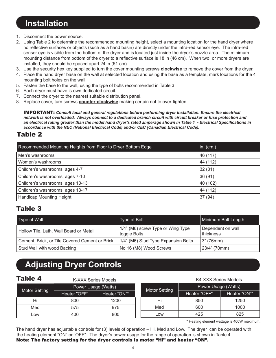 Installation, Adjusting dryer controls, Table 2 table 3 | Table 4 | World Dryer SMARTdri Series K and K4 User Manual | Page 4 / 16