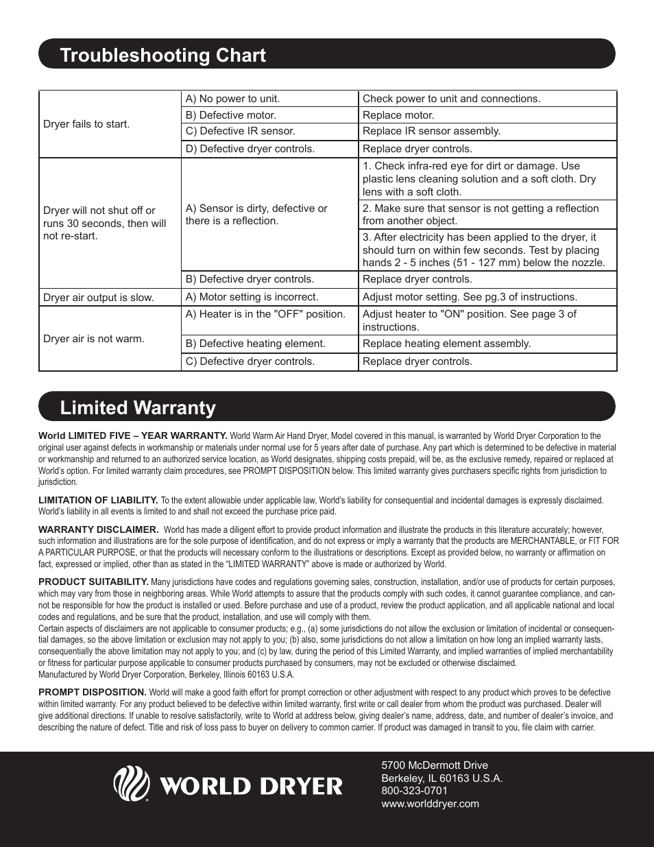 Limited warranty, Troubleshooting chart | World Dryer SMARTdri Series K and K4 User Manual | Page 6 / 16