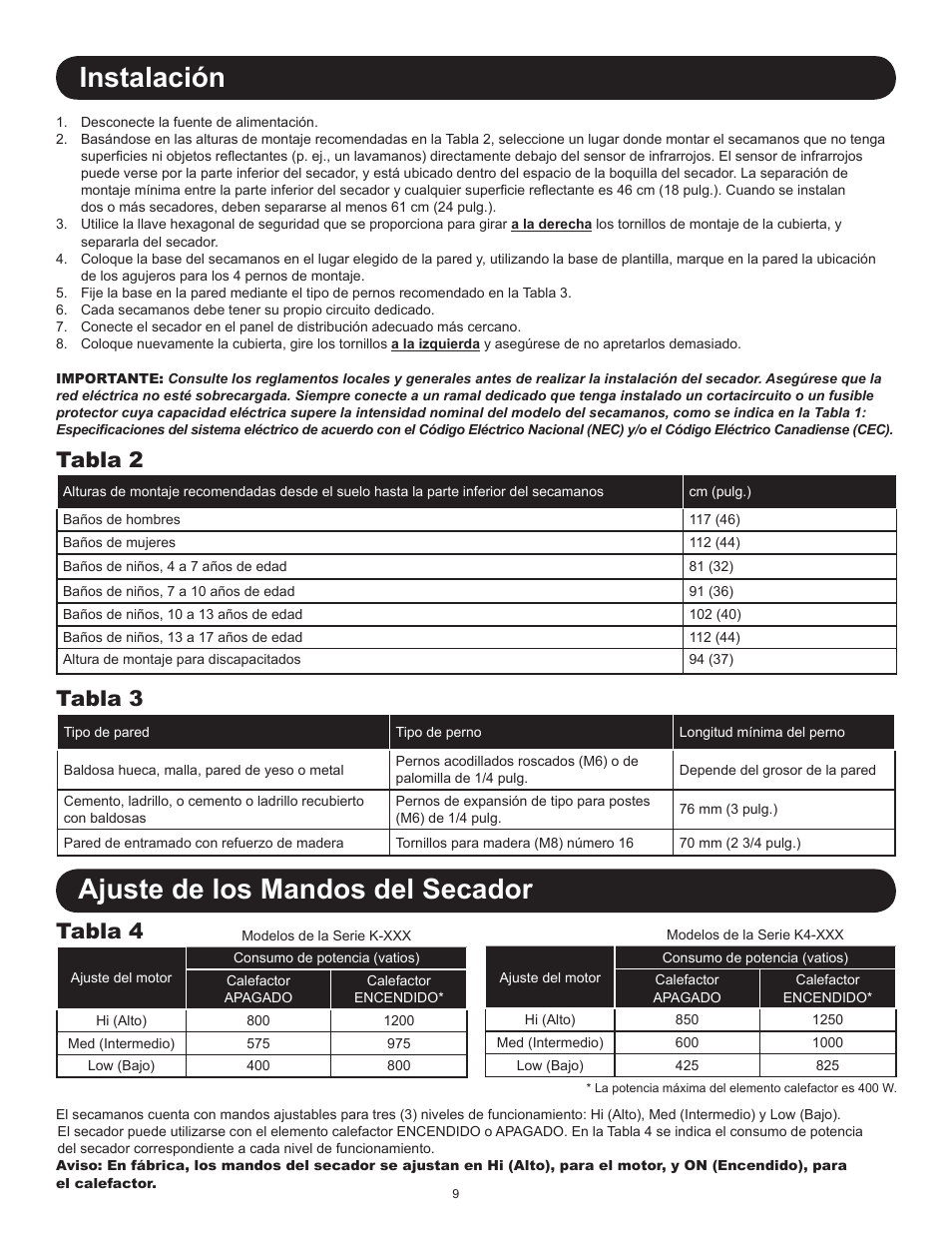 Instalación, Ajuste de los mandos del secador, Tabla 2 tabla 3 | Tabla 4 | World Dryer SMARTdri Series K and K4 User Manual | Page 9 / 16