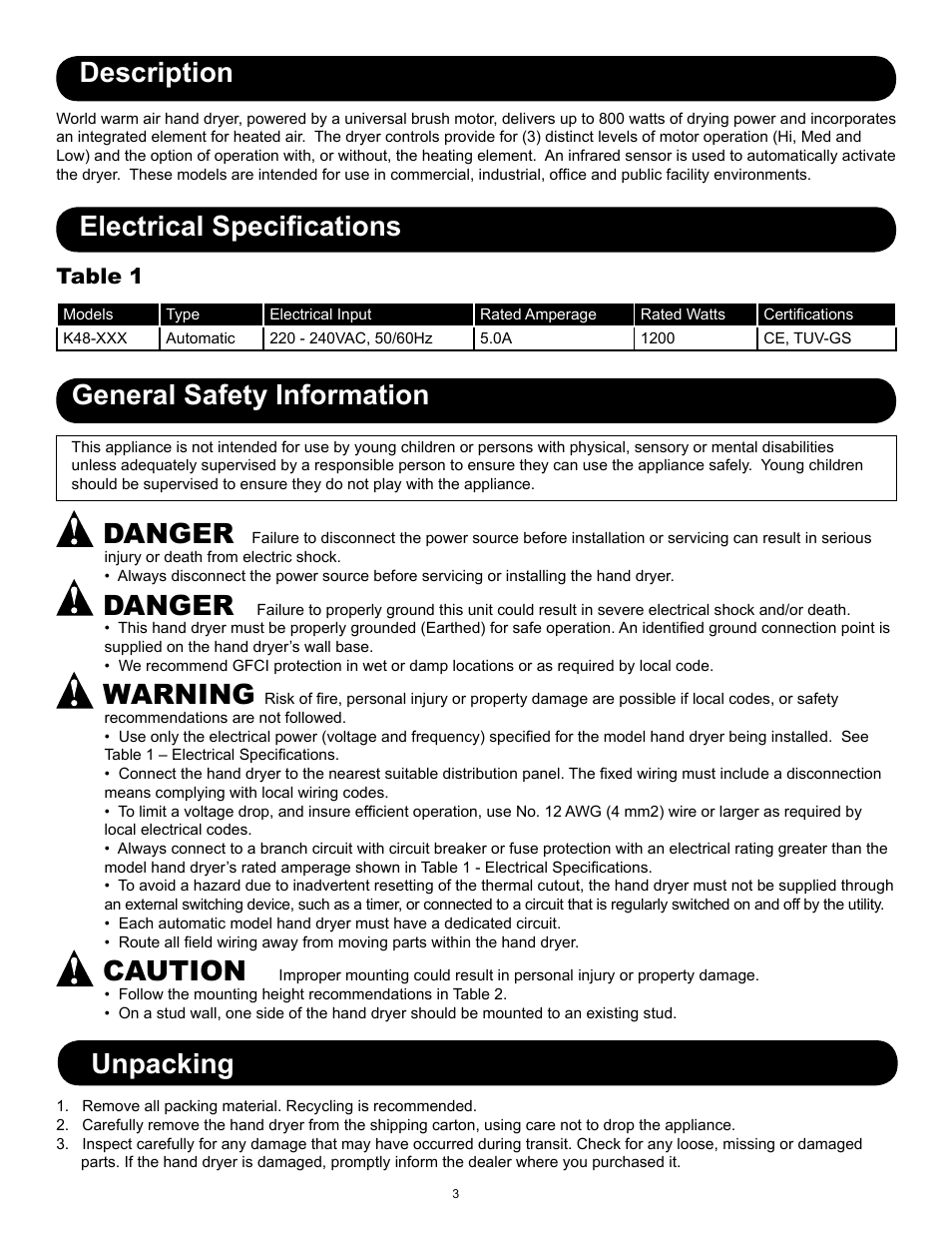 Unpacking description, Electrical specifications, General safety information danger | Danger, Warning, Caution, Table 1 | World Dryer SMARTdri Series K48 User Manual | Page 2 / 6