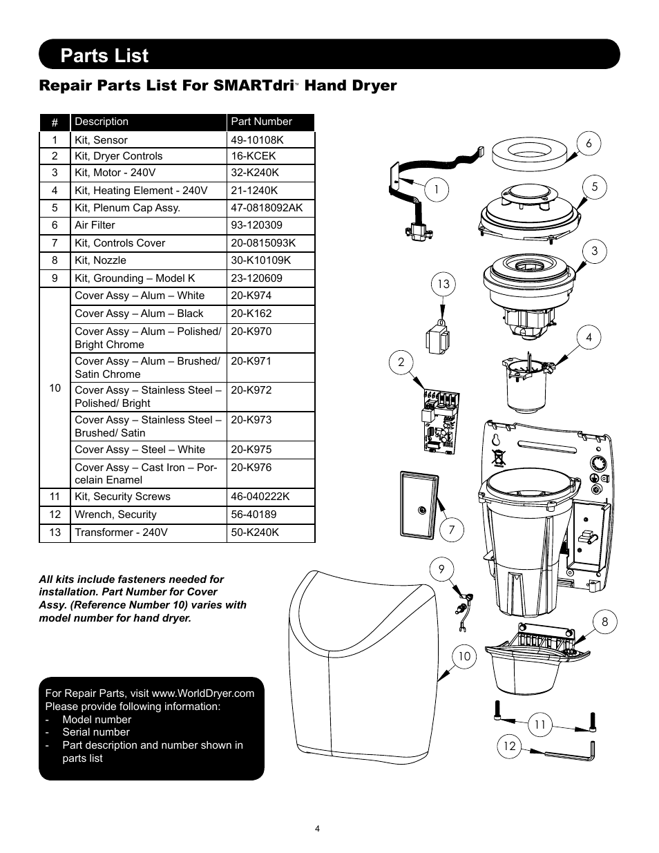Parts list, Repair parts list for smartdri, Hand dryer | World Dryer SMARTdri Series K48 User Manual | Page 3 / 6