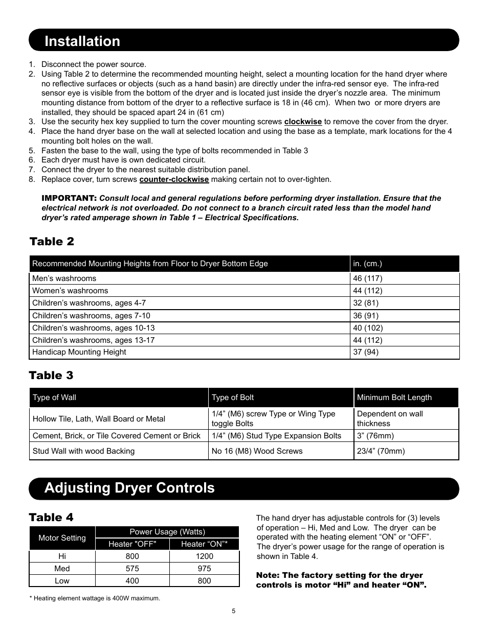 Installation, Adjusting dryer controls, Table 2 table 3 | Table 4 | World Dryer SMARTdri Series K48 User Manual | Page 4 / 6